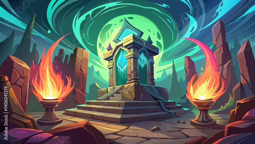 Bewitched artifact surrounded by spectral flames in a ruined tower. Ancient Eldritch Relic. Illustration