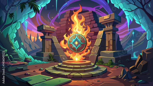 Bewitched artifact surrounded by spectral flames in a ruined tower. Ancient Eldritch Relic. Illustration