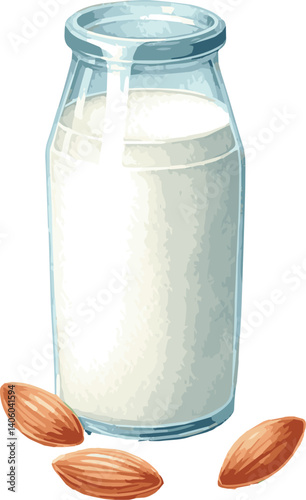 A watercolor vector of a bottle of almond milk