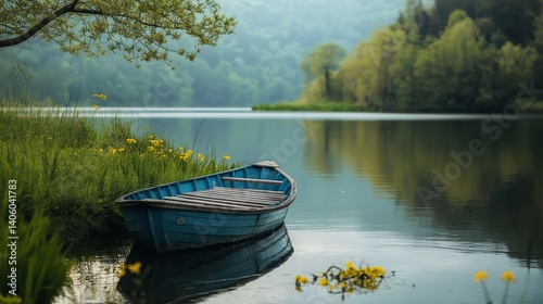 Verlassenes Ruderboot liegt still am ruhigen Ufer eines klaren Sees photo