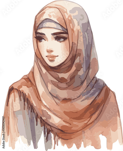 A watercolor vector illustration of an elegant beautiful muslim woman in hijab