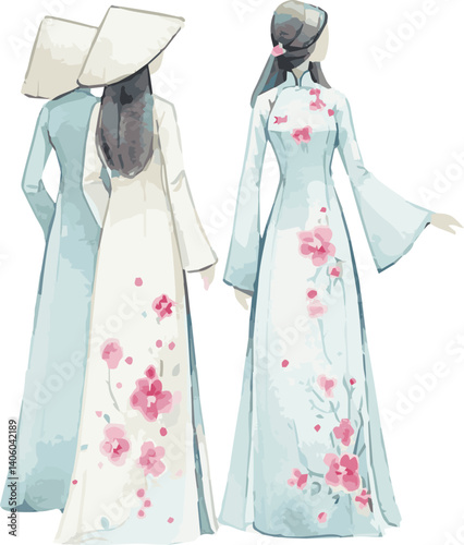 A watercolor vector illustration of a group of beautiful vietnamese women wearing traditional ao da