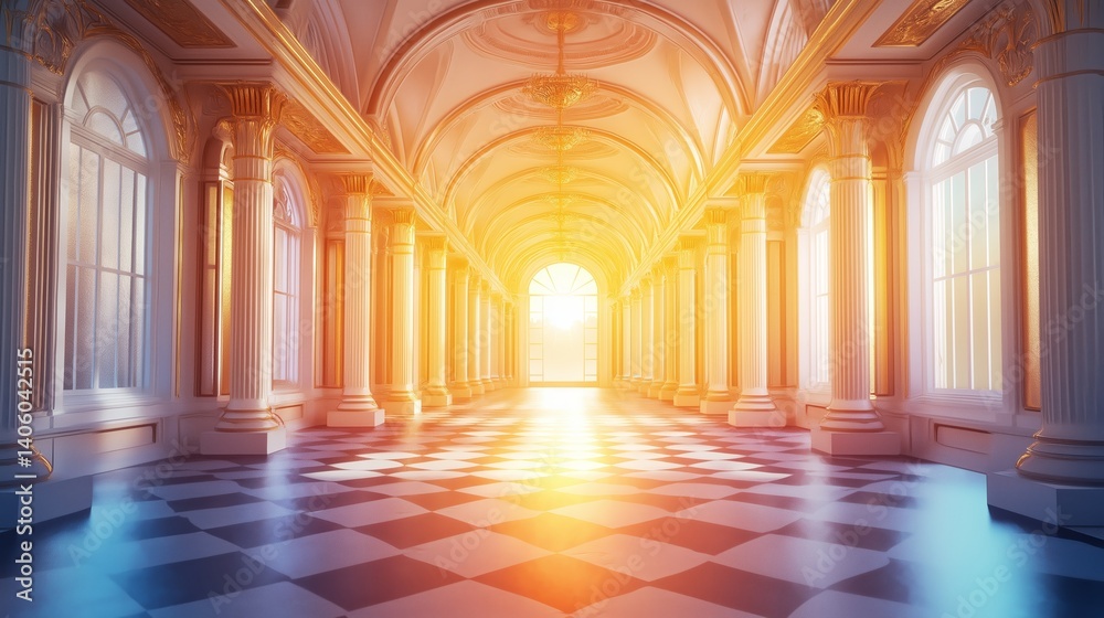 Majestic golden hallway illuminated by bright sunlight at the palace during late afternoon Majestic golden hallway illuminated by bright sunlight at the palace during late afternoon
