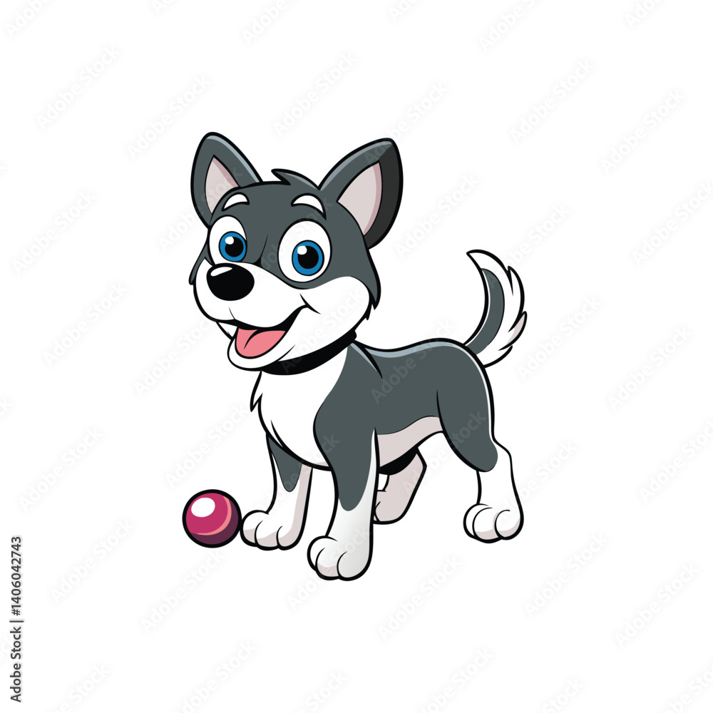 Obraz premium Cartoon Dog in Emon Style with Big Eyes, Chasing After a Ball - Exciting Play Time