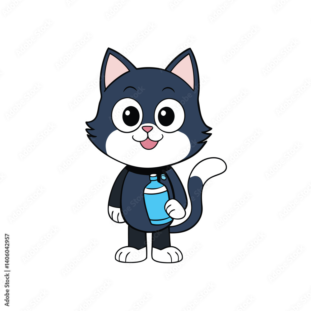 Cat in Emon Style with Big Eyes, Drinking from a Water Bottle - Refreshing Moment Cat in Emon Style with Big Eyes, Drinking from a Water Bottle - Refreshing Moment