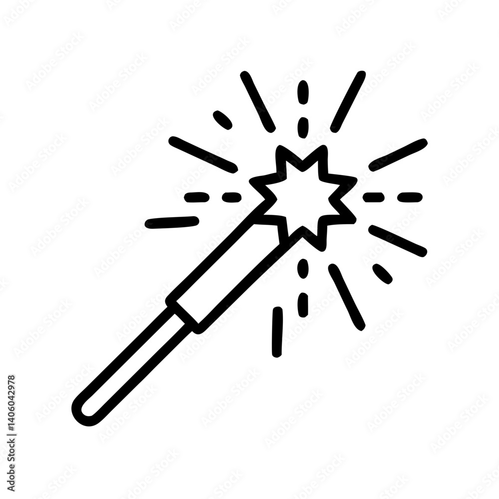 Magic wand icon in black outline with sparkles on white background Magic wand icon in black outline with sparkles on white background