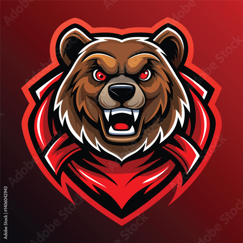 Angry brown bear mascot with red eyes, open mouth, and fiery collar detail