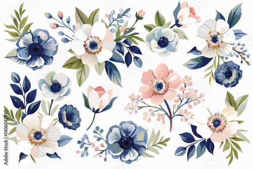 Anemone flowers in full bloom with leaves, arranged in blue, pink, and ivory hues