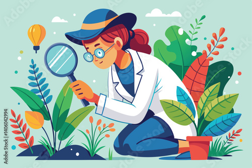 Botanist with hat and lab coat examines plants with a magnifying glass outdoors