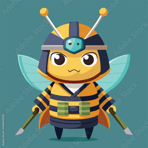 Cartoon bee warrior standing, wearing helmet and striped costume, holding spears