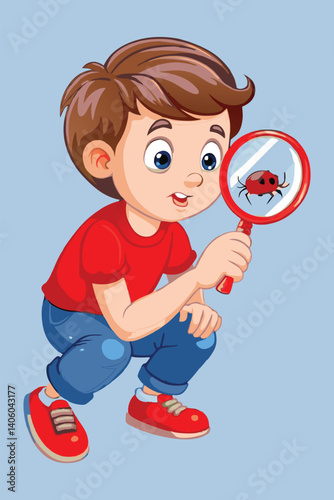 Cartoon boy curiously examines a ladybug with a red magnifying glass, crouching down