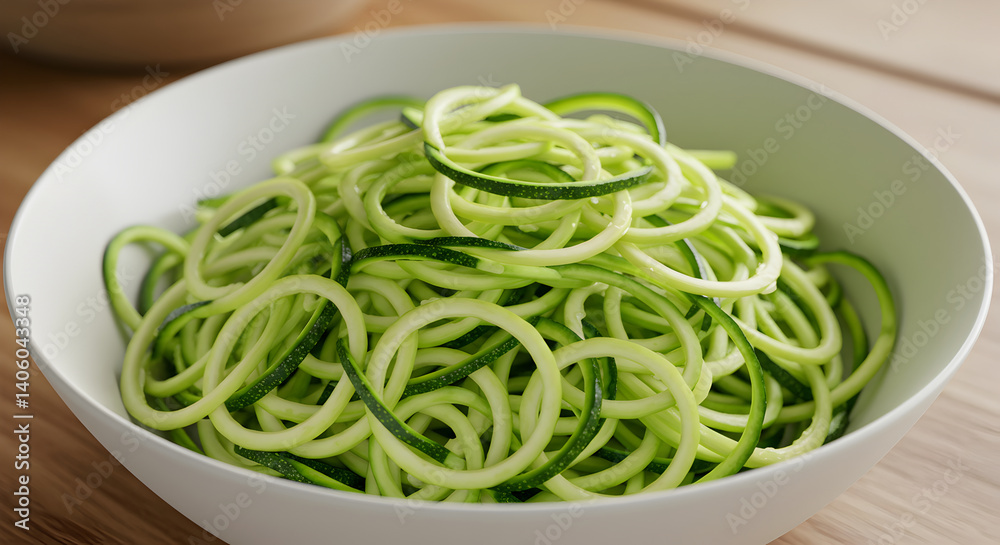 Fresh Spiralized Zucchini Noodles in a Bowl Ready to Eat Close Up Fresh Spiralized Zucchini Noodles in a Bowl Ready to Eat Close Up