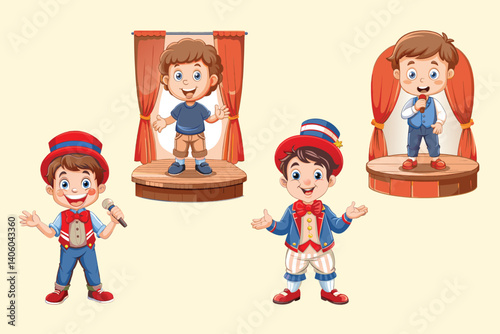 Cartoon boys in performance costumes singing, gesturing, and standing on stages