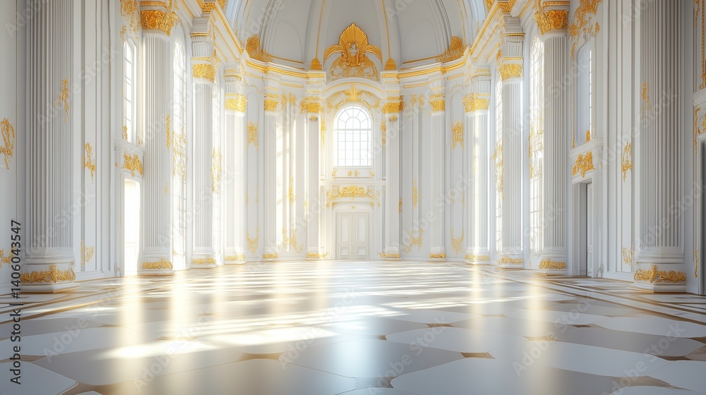 Fototapeta premium Elegant white palace grand hall with golden accents and large windows