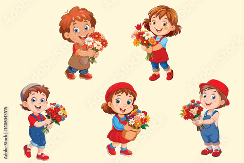 Cartoon children are holding bouquets of flowers and smiling happily for joy