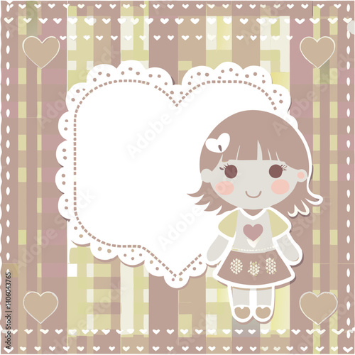 Cartoon girl stands beside a heartshaped frame, with hearts decorating the border
