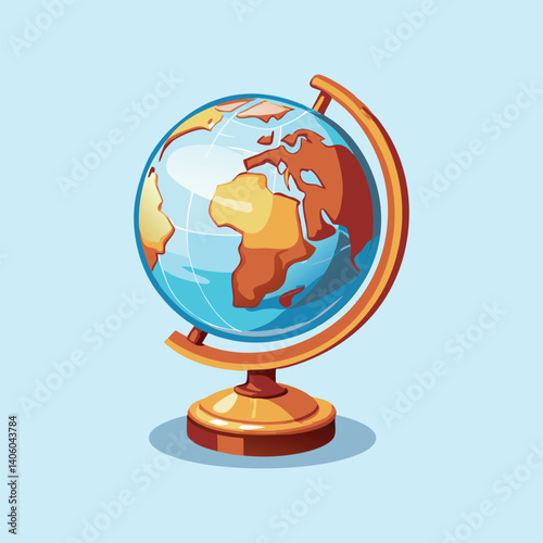Cartoon globe on stand showing continents, with blue oceans and gold