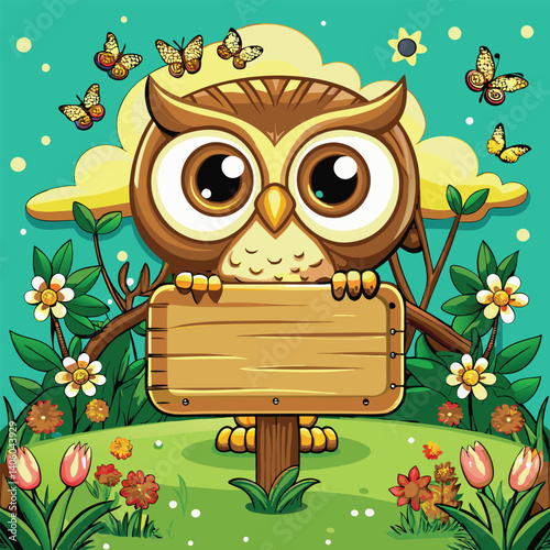 Cartoon owl holding a blank wooden sign, among butterflies, clouds, and flowers