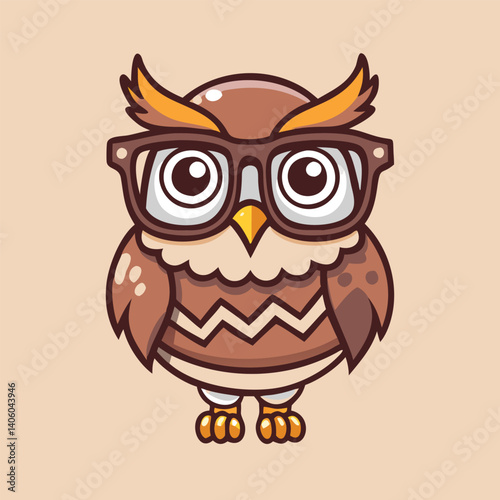 Cartoon owl wearing glasses, standing with a thoughtful expression, on light backdrop