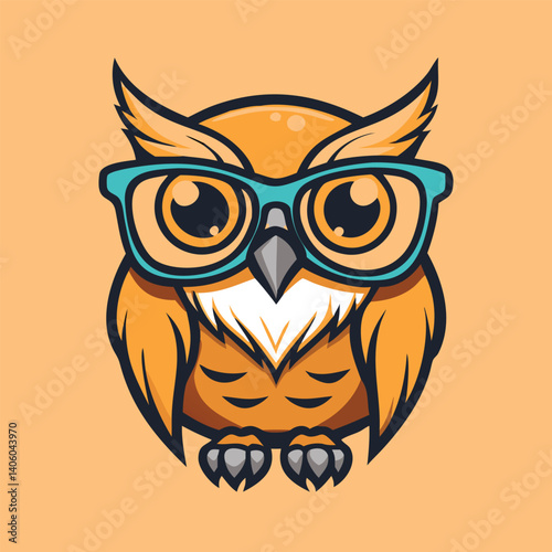 Cartoon owl with blue glasses stands centered and displays its feathers