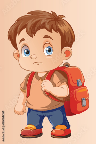 Cartoon schoolboy with blue eyes standing with a red backpack and wearing blue jeans