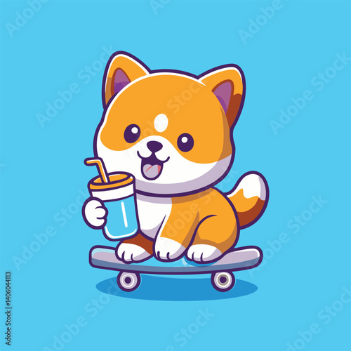 Cartoon Shiba Inu is holding a drink with straw while riding a skateboard