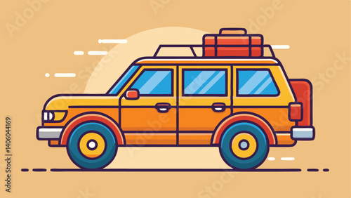Cartoon SUV, styled with luggage rack, blue tires, and stylized road elements