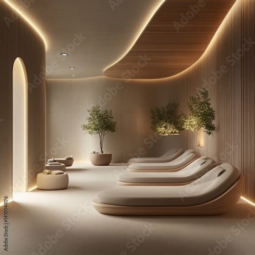 image of a conceptual wellness center featuring soothing interior design ambient lighting and modern relaxation spaces isolated on a plain background  a serene space with soft curves natural elements