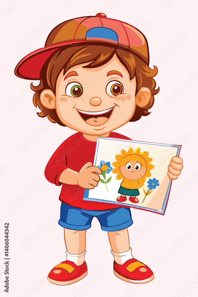 Cheerful boy with cap holding drawing with flower and sun cartoon characters Cheerful boy with cap holding drawing with flower and sun cartoon characters