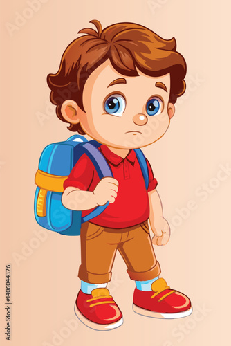 Cartoon young boy with blue eyes wears a red shirt and has a blue backpack