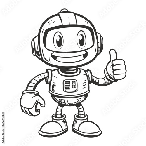 Cheerful robot with helmet giving a thumbs up gesture, with a smiling face