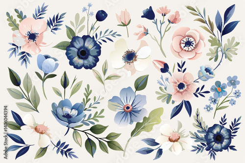 Collection of anemone flowers in blush, blue, and white with varied leaves
