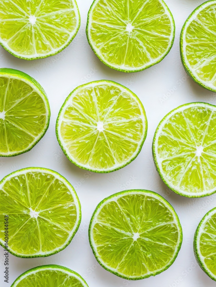 Freshly sliced limes arranged neatly, showcasing their vibrant green color and juicy texture, ideal for culinary uses or refreshing beverages. Freshly sliced limes arranged neatly, showcasing their vibrant green color and juicy texture, ideal for culinary uses or refreshing beverages.