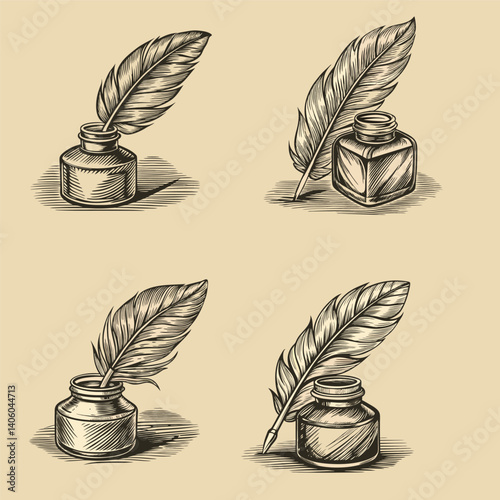 Feather quill rests in an inkwell, shown in sketched detail on a tan canvas