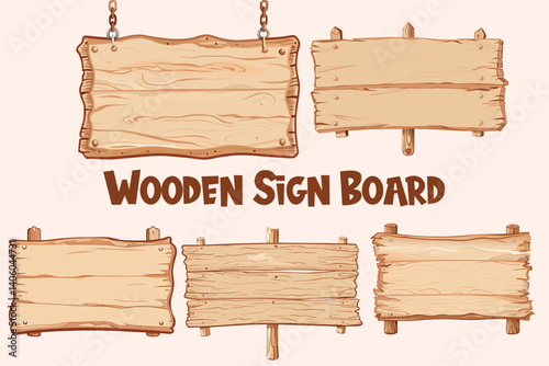 Five light brown wooden signboards, some hanging from chains, some with posts