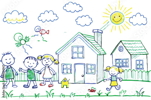 Happy children stroll past houses with a smiling sun and clouds, marker style