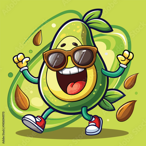 Happy avocado character struts with sunglasses and sneakers, raising arms