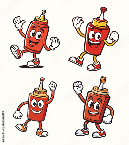 Ketchup bottle cartoon characters wearing shoes, waving hands and smiling cheerfully
