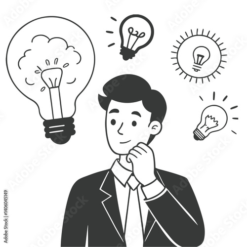 Man in suit pondering solutions, surrounded by light bulb sketch ideas