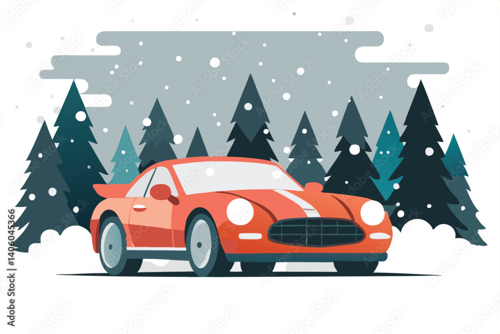 Naklejka premium Red car with white stripe stands in front of a forest, on a snowy day