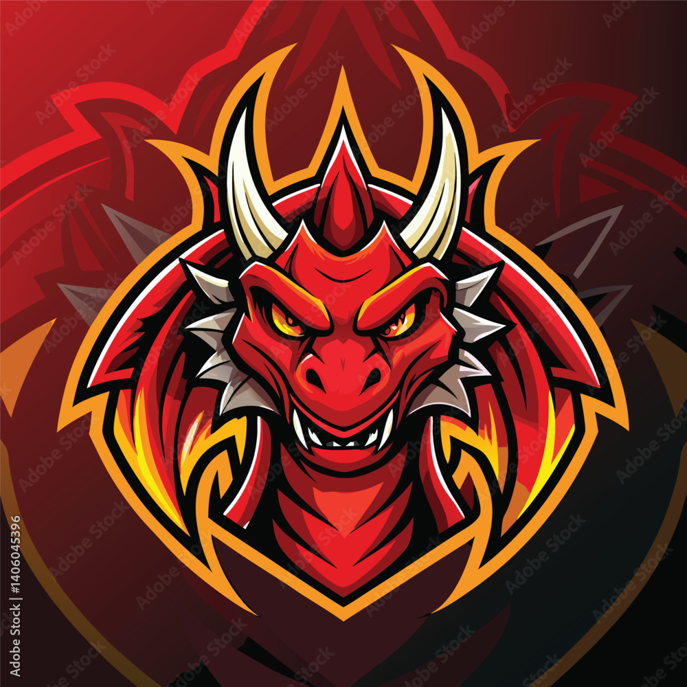 Red dragon mascot with horns, showing teeth, and bright yellow eyes art