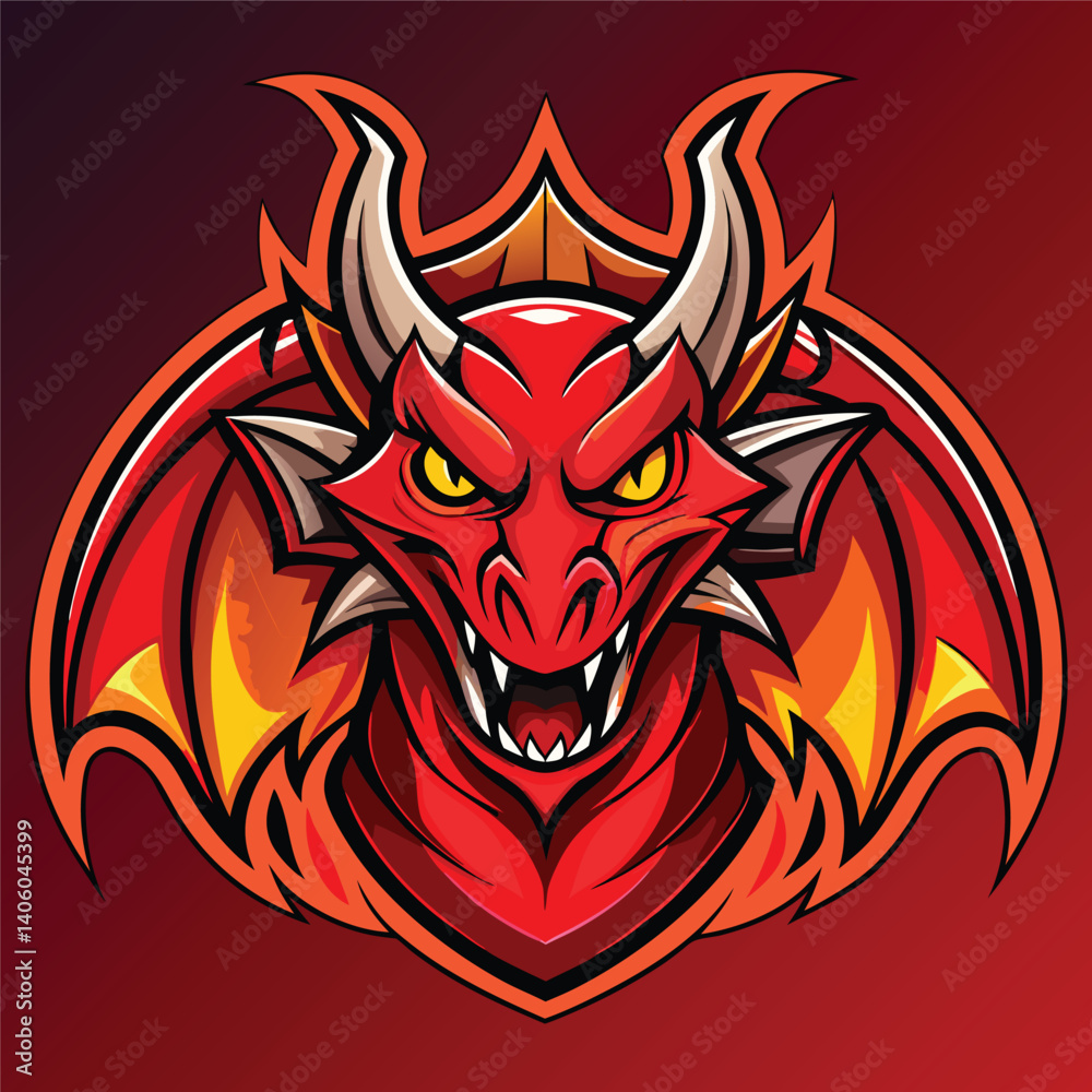 Fototapeta premium Red dragon mascot with sharp teeth, fierce gaze, horns, and stylized wing shapes