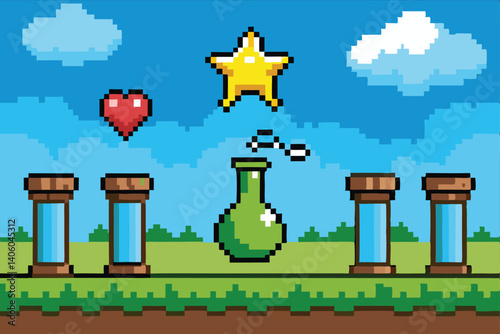 Pixel art background with potion, star, heart, pipes and clouds in a videogame