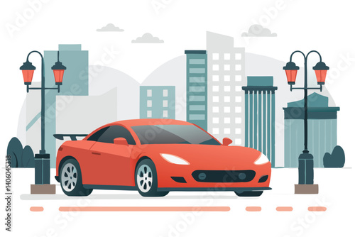 Red car drives along the street, with streetlights and building silhouettes behind it