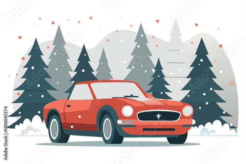 Red convertible car parked in a stylized snowy forest landscape with fir trees
