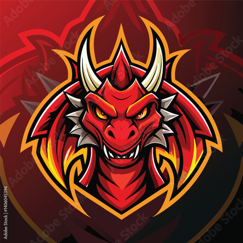 Red dragon mascot with horns, showing teeth, and bright yellow eyes art