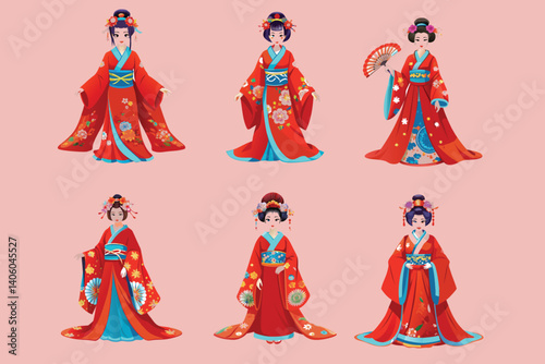 Six women wear red floral kimonos, elegant hairdos, and traditional Japanese attire