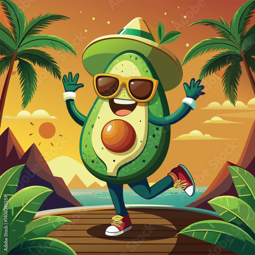 Smiling avocado character wearing sunglasses and sombrero, running on a tropical boardwalk