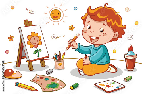Smiling cartoon boy draws a flower on a canvas near pencils and paint palette