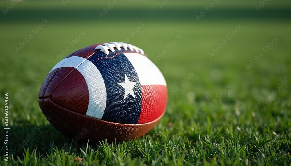 Close-up of American football ball with Texas flag design on green grass field. Sport equipment, team game at sunny day, recreation activity. Pro sport, national pride. Competition. Play time. Close-up of American football ball with Texas flag design on green grass field. Sport equipment, team game at sunny day, recreation activity. Pro sport, national pride. Competition. Play time.